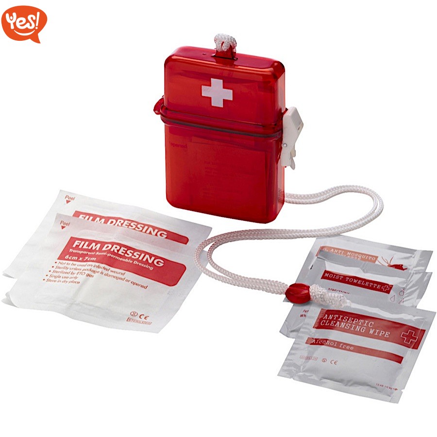 Kit pronto soccorso in astuccio rosso, Logo Personalizzato