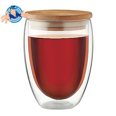 Bicchiere in vetro 350 ml con tappo in bamboo personalizzabile