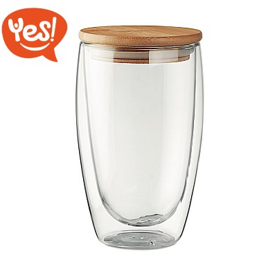 Bicchiere in vetro 450 ml con tappo in bamboo personalizzabile