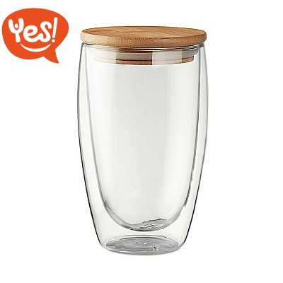 Bicchiere in vetro 450 ml con tappo in bamboo personalizzabile