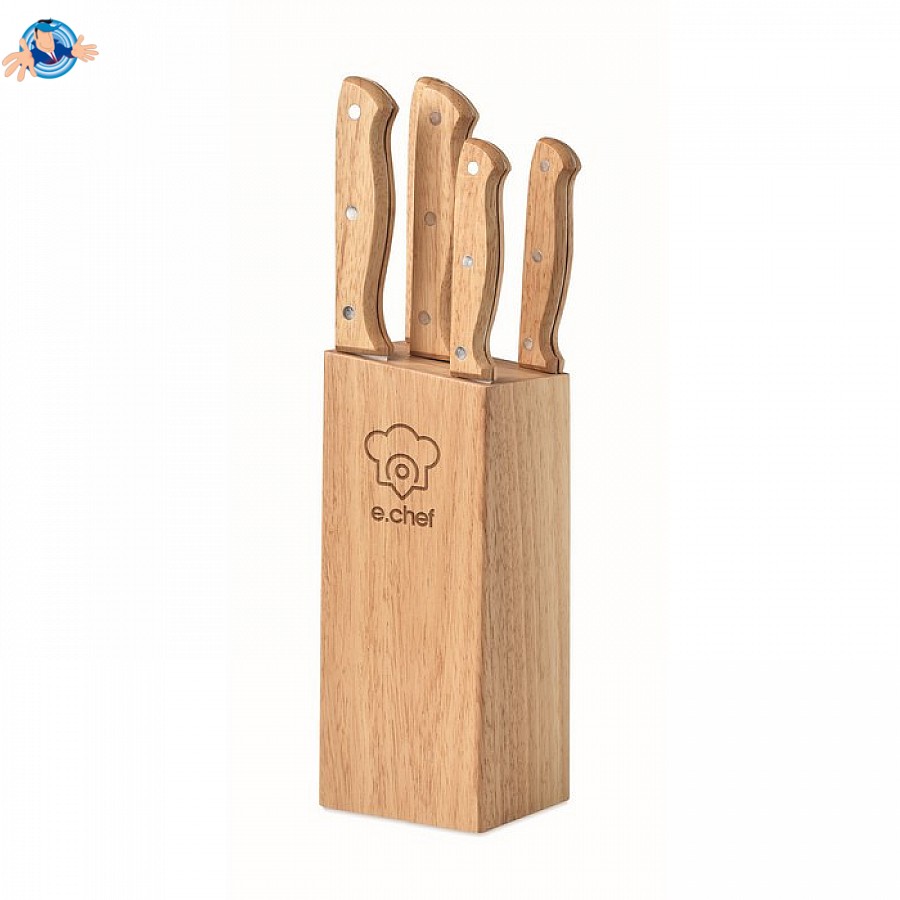 Ceppo in legno personalizzabile con 5 coltelli, Logo Personalizzato