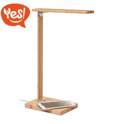 Lampada da scrivania con caricatore wireless in legno