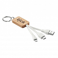 Portachiavi in bamboo con cavi USB-A, Micro-B e C