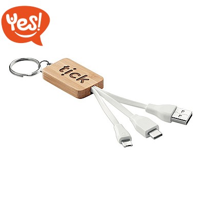 Portachiavi in bamboo con cavi USB-A, Micro-B e C