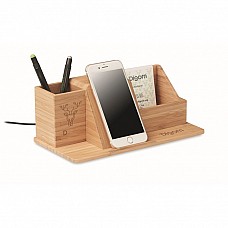 Portapenne in bambù con supporto per smartphone e caricatore wireless