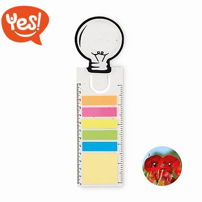 Segnalibro ecologico con righello, notes adesivi e semi di papavero
