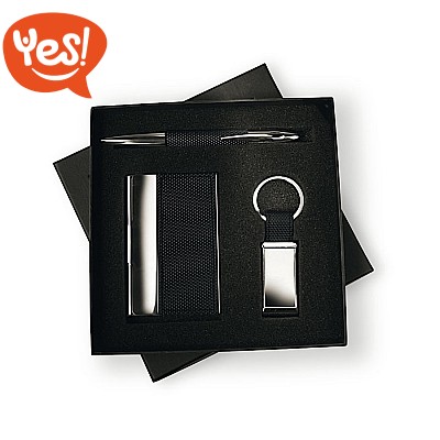 Set penna a sfera portabiglietti e portachiavi in metallo