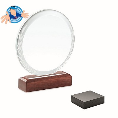 Targa premio rotonda in cristallo personalizzabile con base in legno