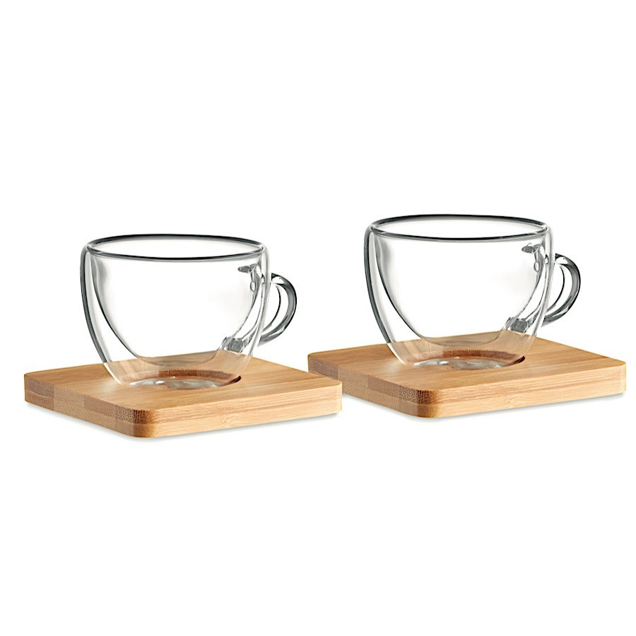 Hanabitx Set di 2 tazze da caffè in vetro vintage con coperchi in bambù, sottobicchiere e cucchiai, 425 ml, trasparenti, in rilievo, resistenti, B